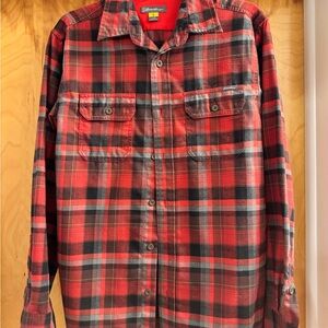Eddie Bauer Red and Black Plaid Button Down Shirt - Men’s Small